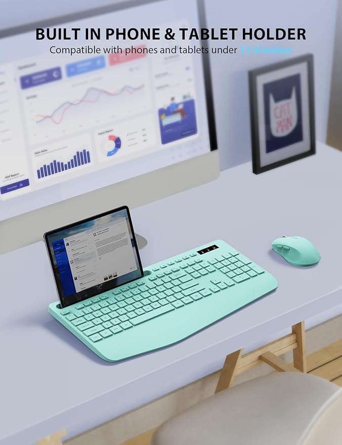Wireless Keyboard and Mouse Combo - Full-Sized Ergonomic Keyboard with Wrist Rest, Phone Holder, Sleep Mode, Silent 2.4GHz Cordless Keyboard Mouse Combo for Computer, Laptop, PC, Mac, Windows (Green)-DeskLoop Office