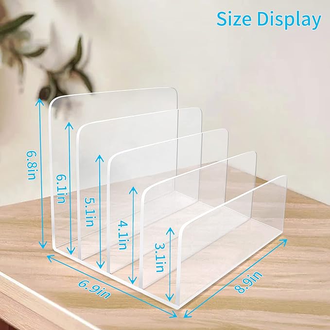 Clear Acrylic File Organizer, 4 Sections Acrylic File Holder Sorter, Office Desk Organizer for File Folder Mail Letter Book Electronics Makeup Eye Shadow Palette-DeskLoop Office