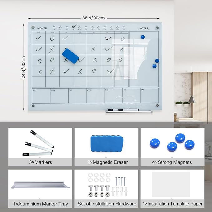 Magnetic Glass Whiteboard 36X24 Monthly Planner Calendar Dry Erase Board for Home, School, Office, Frameless, with Markers, Marker Tray, Eraser, Magnets (White)-DeskLoop Office