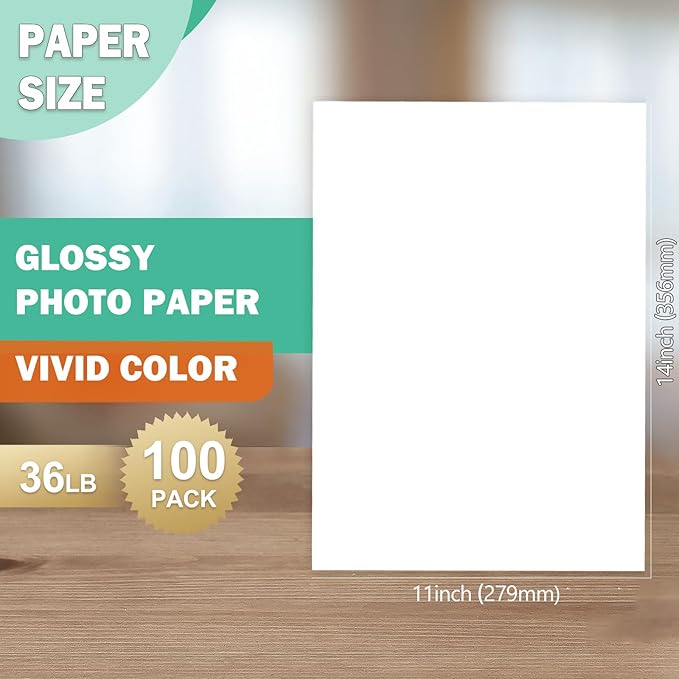 36lb Glossy Photo Paper, 11x14, 11R Size, Thin Glossy Photo Paper for Chip Bags, Inkjet, 100 Pack-DeskLoop Office