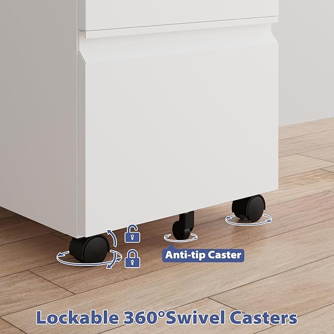 Rolling File Cabinet with Lock, 3 Drawer Metal Mobile Filing Cabinet for Legal/Letter Size, Fully Assembled Except Casters,White-DeskLoop Office