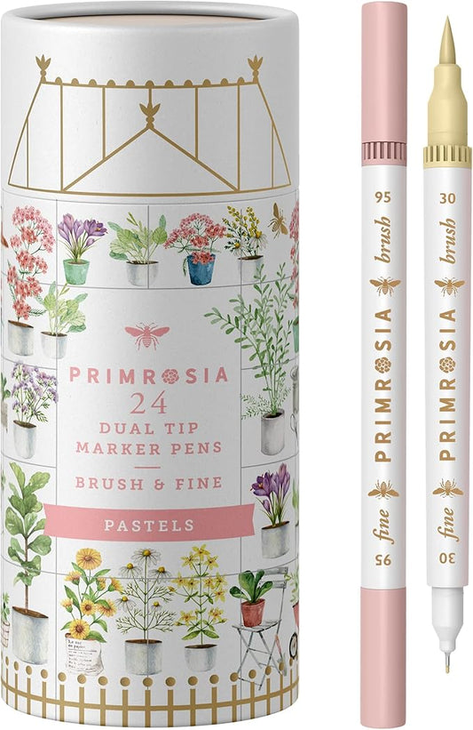 Primrosia 24 Pastel Dual Tip Markers, Fine Tip and Brush Pens. Perfect for art, illustration, drawing, calligraphy and bullet journals-DeskLoop Office