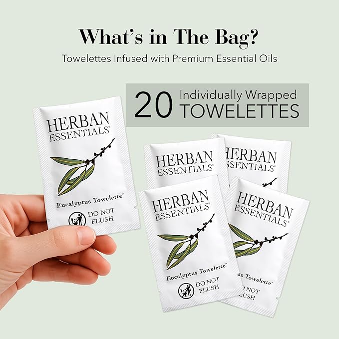 Herban Essentials - Eucalyptus Wipes & Towelettes - Essential Oil Wipes for Hands & Body - Travel Size Essentials and Toiletries - Natural, Individually Wrapped, Disposable & Moist Refresh (20 count)-DeskLoop Office