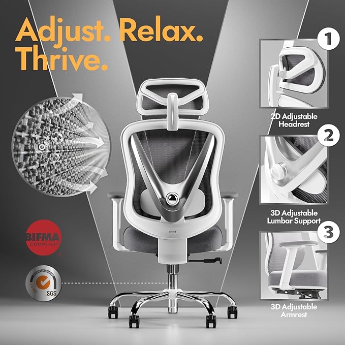 Ergonomic Mesh Office Chair - 3D Adjustable Lumbar Support & 3D Armrests, V-Shaped Back, Adjustable Desk Chair for Office & Home, White-DeskLoop Office