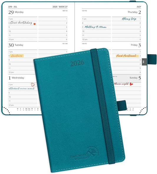 POPRUN Pocket Calendar 2026 (Small Size- 4'' x 6.25") Weekly and Monthly for Purse - Planner 2026 (Jan. 2026 - Dec. 2026) with Vegan Leather Soft Cover, Plastic Ruler, Pen Holder and More - Pacific Green-DeskLoop Office