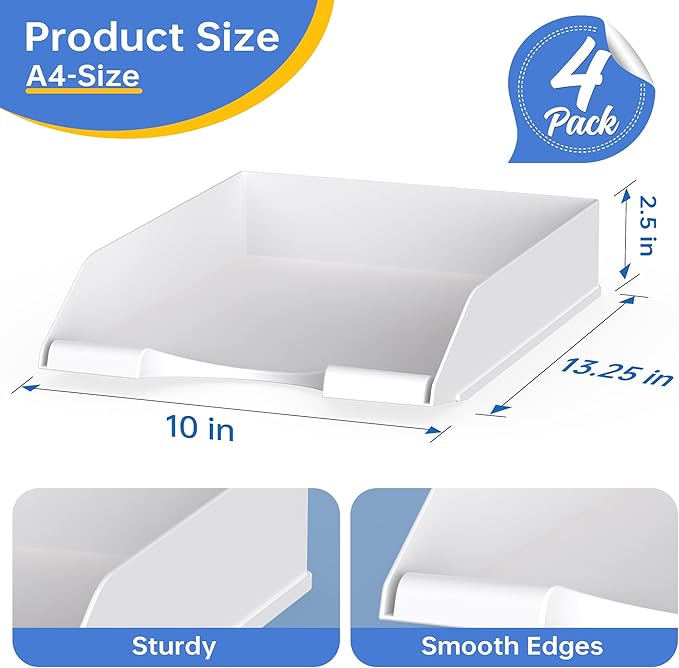 4 Pack Stackable Paper Trays for Letter Documents, Desktop File Organizers for Office Supplies, Stackable Desk Tray Holder for Paper Storage, White-DeskLoop Office