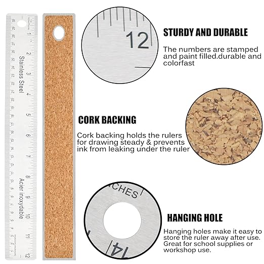 Stainless Steel Metal Ruler - 6 Inch, 12 Inch, 18 Inch Straight Edge - Non Slip Cork Backed - Inch and Metric-DeskLoop Office