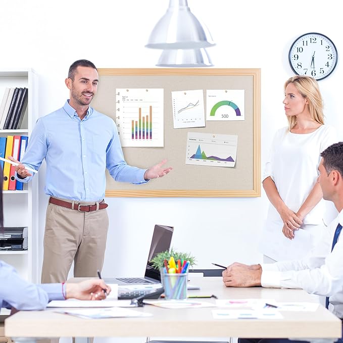 Bulletin Board Cork Board with Linen, 100% Wood Framed 24" x 36" Bulletin Board Decorations, Pin Boards for Walls, Wall Mounted Fabric Picture Board with 10 Pushpins for School, Home & Office, Natural-DeskLoop Office