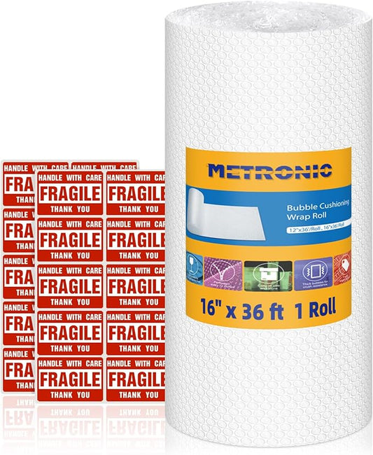 Metronic Bubble Cushioning Wrap 16 Inch x 36 FT, Dense Bubble Packing Air Wrap Clear Bubble Packing Roll for Shipping and Moving Supplies, Perforated Every 12"-DeskLoop Office