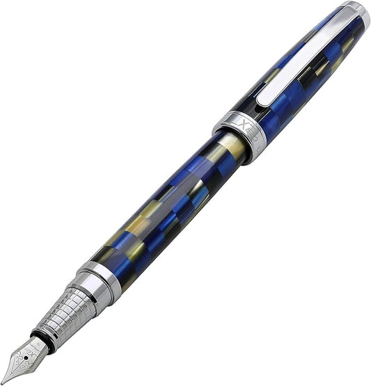 Xezo Urbanite Fountain Pen, Medium Nib. Retro Blue, Black, and Cream Colors with Chrome Plating. Limited Edition and Serialized. No Two Alike-DeskLoop Office