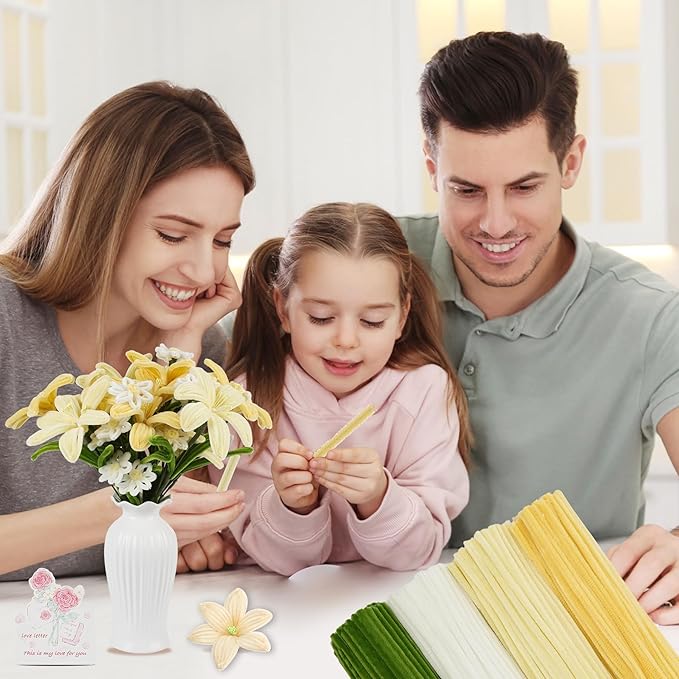 400 Pcs Pipe Cleaners Craft Set,4 Colors Chenille Stems Bulk with Floral Wires, Gardening Tape,Hot Glue Stick,Greeting Card,Bouquet Paper, Stamen & Ribbon, Flowers Craft kit for DIY Handmade Bouquet-DeskLoop Office