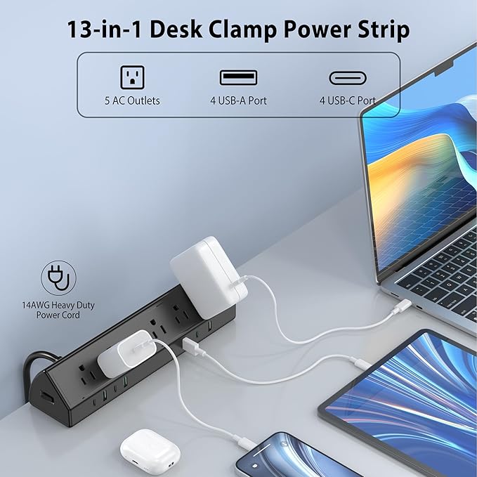 45W Fast Charging Station,Desk Clamp Power Strip,4 PD USB-C Ports,5 AC Outlets,Surge Protector Power Strip, 14AWG Heavy Duty Cord, Fits 1.9" Tabletop Edge (Black, 15 FT Cable)-DeskLoop Office