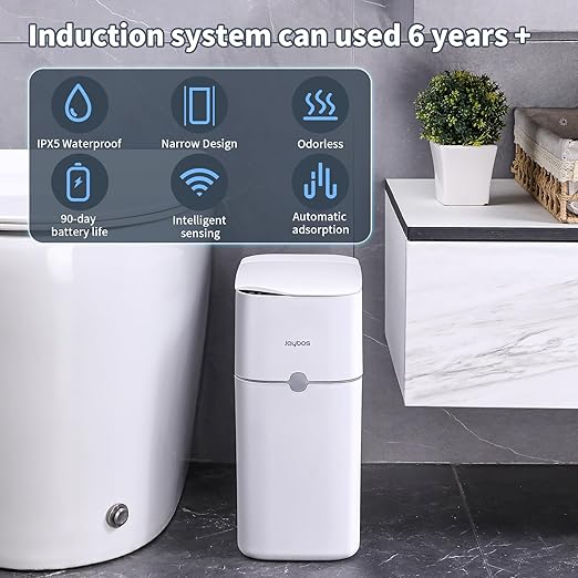 MOPUP Bathroom Trash Can, Automatic Bagging Garbage Can, 3.5 Gallon Slim Smart Small Plastic Trash Bin, Narrow Motion Sensor Trash Can for Bedroom, Office White-DeskLoop Office