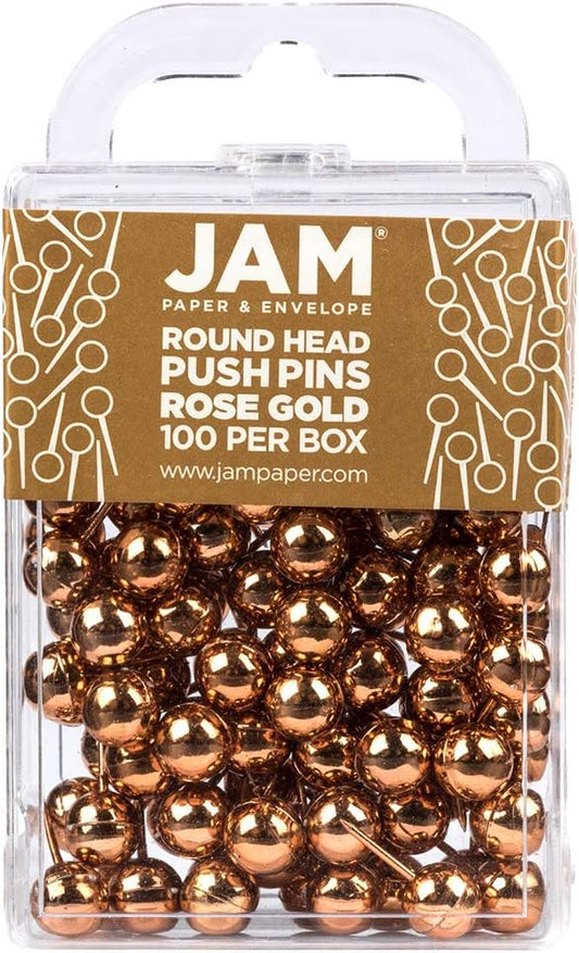 JAM PAPER Colorful Push Pins - Round Head Map Thumb Tacks - Rose Gold Pushpins - 100/Pack-DeskLoop Office