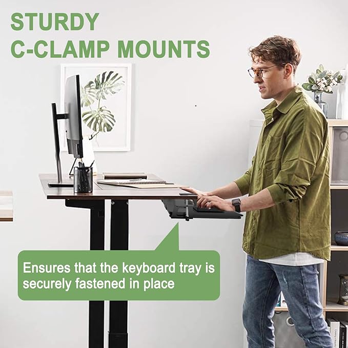 Keyboard Tray Under Desk Slide Out with Drawer, 27"x 11.8" Large Size, Pull Out Desktop Extender Holder with Sturdy C-Clamp Mount for Home Office, Black-DeskLoop Office