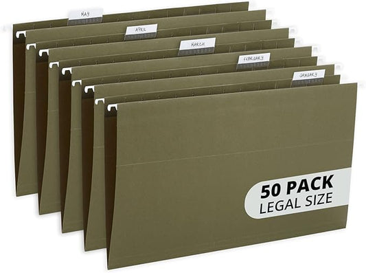 Blue Summit Supplies Hanging File Folders, 1/5 Cut Adjustable Tabs, Legal Size, 5 Tab Locations, Designed for Legal and Law Office File Organization, Standard Green, 50 Pack, Legal Size-DeskLoop Office