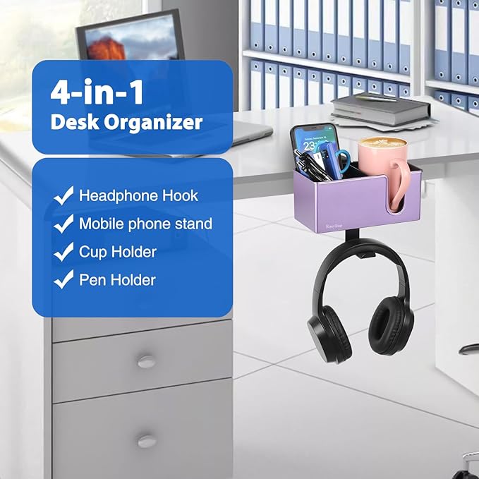 Rosyline 3-in-1 Clip-on Desk Organizer for Expanding Office and Gaming Space - Pen, Headphone, and Desk Item Holder (Purple)-DeskLoop Office
