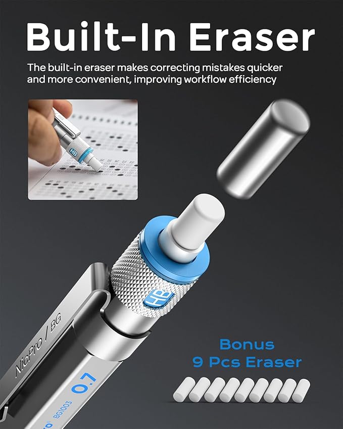 Nicpro Blocky Gear 0.7 mm Mechanical Pencils Set in Case, Metal Pencil with Lead Refills, Eraser for Professional & Adult Art Writing Drafting Drawing-DeskLoop Office