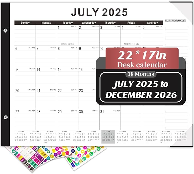 Gannyfer Desk Calendar 2025-2026, Large Calendar 2026 22" x 17", July 2025 - Dec 2026, 18 Monthly Academic Desktop Pad Calendar with Plastic Cover, Thick Paper, for Planning and Organizing in Office, School, Family(6 Stickers)-DeskLoop Office