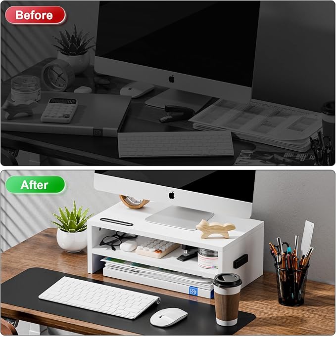 Marbrasse Monitor Stand Riser, 16.5 Inch 2 Tier Computer Printer Shelf Stand for Laptop Computer Screen Storage, Desktop Stand with Phone Holder and Cable Management (White)-DeskLoop Office