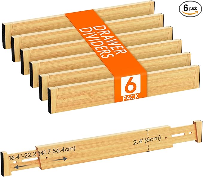 Lifewit 6 Pack Drawer Dividers Bamboo 2.4" High, 16-22" Adjustable Drawer Organizers for Clothes, Wooden Dresser Separators in Bedroom/Bathroom/Kitchen/Fridge/Office Organization and Storage-DeskLoop Office