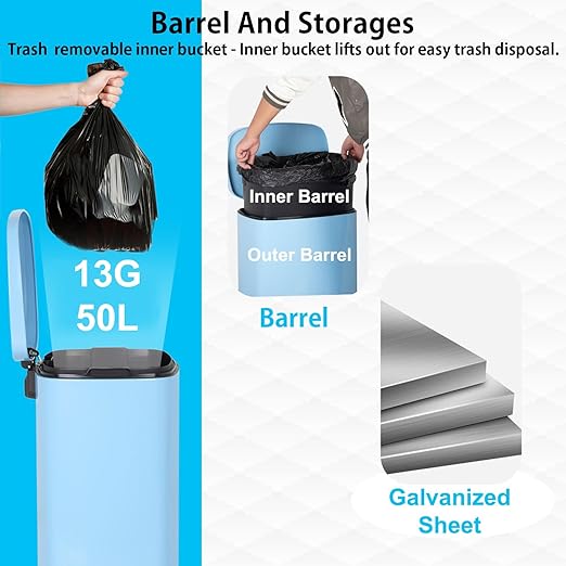 PayLessHere Stainless Steel Trash Can with Lid - Removable Inner Bucket, Foot Pedal Soft Close for Office, Home, Kitchen Garbage Bin (Blue, 13 G)-DeskLoop Office