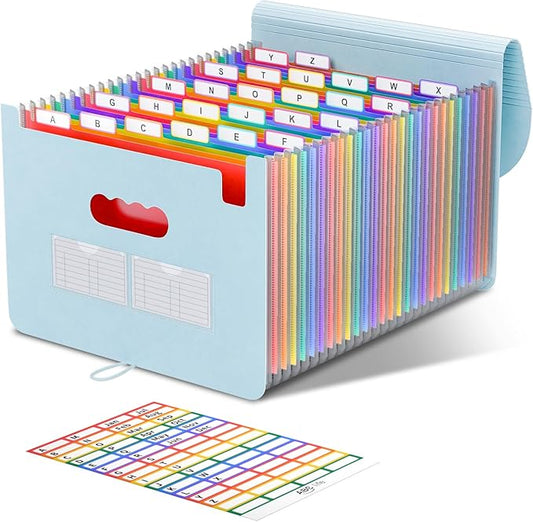ABC life 26 Pockets Accordian File Organizer Expanding File Folders, Portable Letter A4 Size Filing Box,Plastic Monthly Receipt Document Organizer with Colored Tabs (Light Blue)-DeskLoop Office
