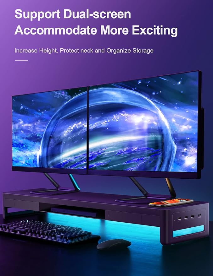 meatanty Dual Monitor Stand Riser with 2 Drawers,4 USB Ports and Charging Pad,Metal Monitor Stand for 2 Monitors Supports Transfer Data and Charging,Desk Organizer for PC,iMac(38.7 inches)-DeskLoop Office