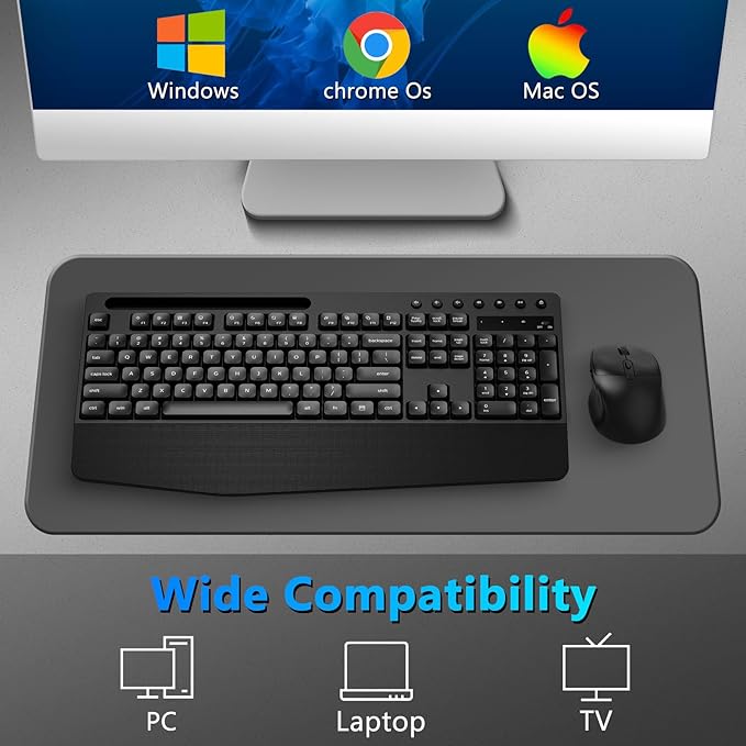 Wireless Keyboard and Mouse Combo, Full-Sized Ergonomic Keyboard with Wrist Rest, Phone Holder, Sleep Mode, Silent 2.4GHz Cordless Keyboard Mouse Combo for Computer, Laptop, PC, Mac, Windows-DeskLoop Office