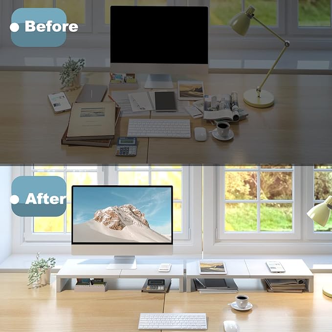 TEAMIX 2 Pack White Monitor Stand Riser - 20 inch, Wooden Desktop Stand for PC/TV/Laptop/Printer, Monitor Riser with Storage, Computer Stand with Keyboard Organizer-DeskLoop Office