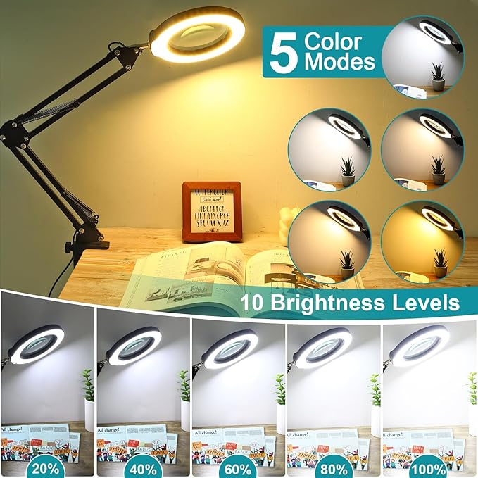 10X Magnifying Glass with Light and Stand, 2-in-1 Desk Lamp & Clamp Light, Seylae 5 Color Modes, Brightness Stepless Dimmable LED Lighted Magnifier Hands Free, Magnifier Lamp with Light for Close Work