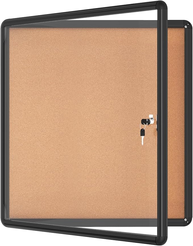 28"x26" Enclosed Bulletin Board, Lockable Weather-Resistant Aluminum Cork Noticeboard for School & Office, Black Frame w/Cork-DeskLoop Office