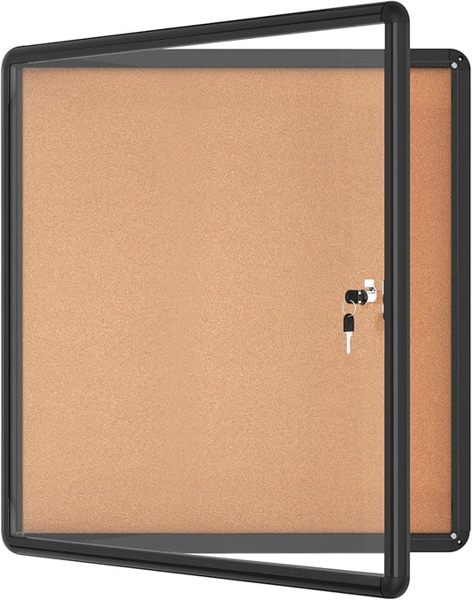 28"x26" Enclosed Bulletin Board, Lockable Weather-Resistant Aluminum Cork Noticeboard for School & Office, Black Frame w/Cork-DeskLoop Office
