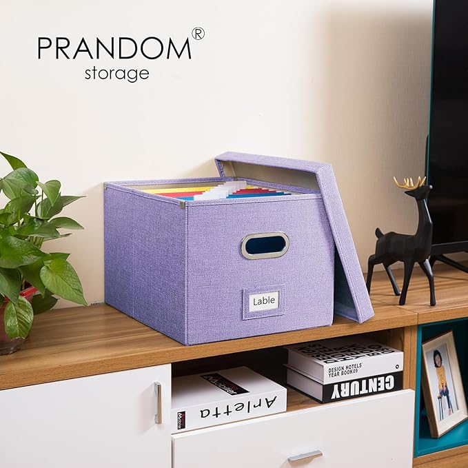 PRANDOM File Organizer Box - Set of 4 Collapsible Decorative Linen Filing Storage Hanging File Folders with Lids Office Cabinet Letter/Legal Size Purple 17.1x14x11.1 inch-DeskLoop Office
