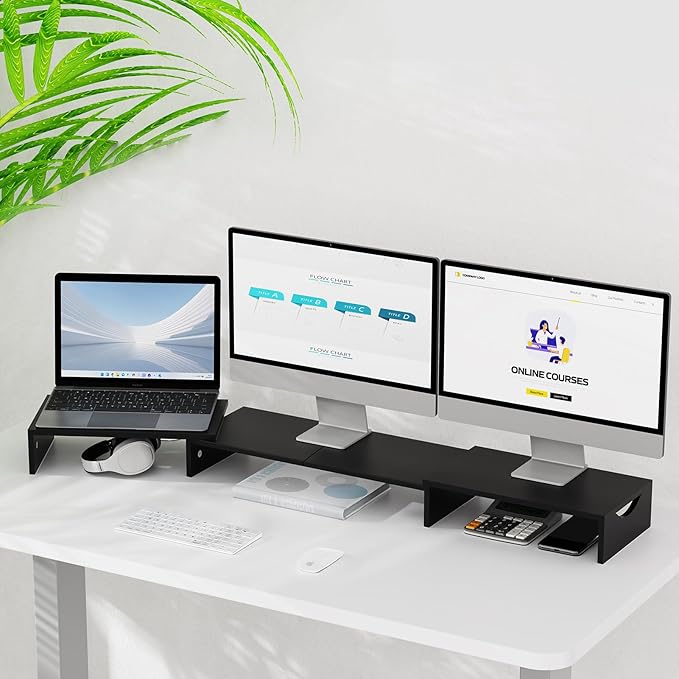 Triple Monitor Stand Riser, Extra Long Monitor Riser for 1~2~3 Monitors, Dual Monitor Stand with Length and Angle Adjustable, 3 Shelf Monitor Stand for Desk-DeskLoop Office