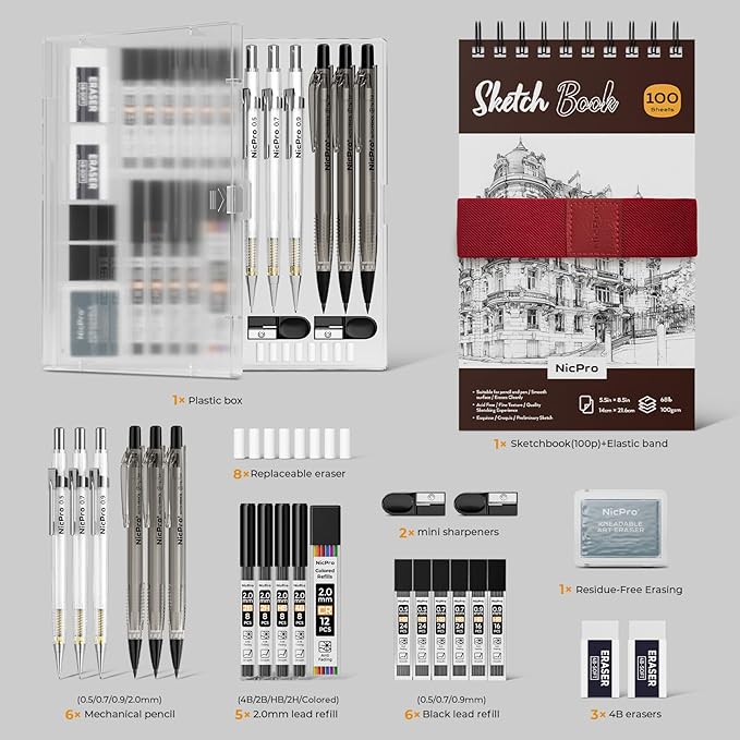 Nicpro 26PCS Art Drawing Supplies Kit, Mechanical Pencils Set 0.5, 0.7, 0.9 & 2mm, 100 Sheets Sketch book, 172PCS Lead Refills, School Supplies Gifts for Artist Adults Teens Girls Boys Kids Sketching-DeskLoop Office