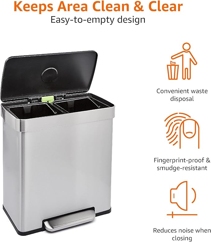 Amazon Basics Dual Compartment Recycling Trash Can with Soft-Close Lid and Removable Liner Buckets, 60 Liters, Rectangular, Grey, Silver-DeskLoop Office