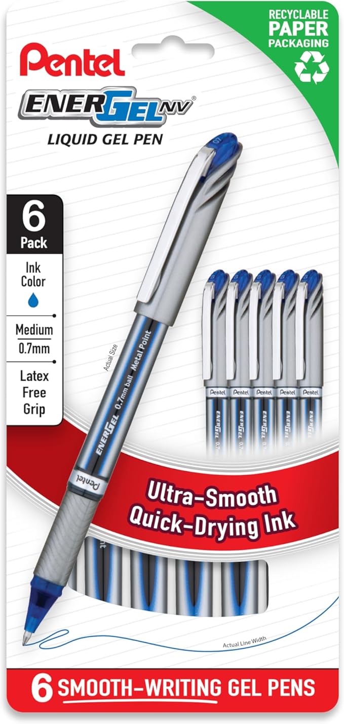 Pentel EnerGel NV 0.7mm Liquid Gel Pen, Medium Line, Blue Ink, Plastic Free Packaging 6 Pack (BL27PF6C)-DeskLoop Office
