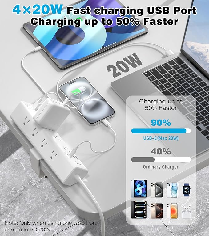 40W Fast Charging Station,Desk Clamp Power Strip,4 USB-C Ports & 8 AC Outlets,Desktop Edge Mount Surge Protector Power Strip,14AWG Heavy Duty Cord,Fit 1.9" Tabletop Edge for Home Office(10Ft Cable)-DeskLoop Office