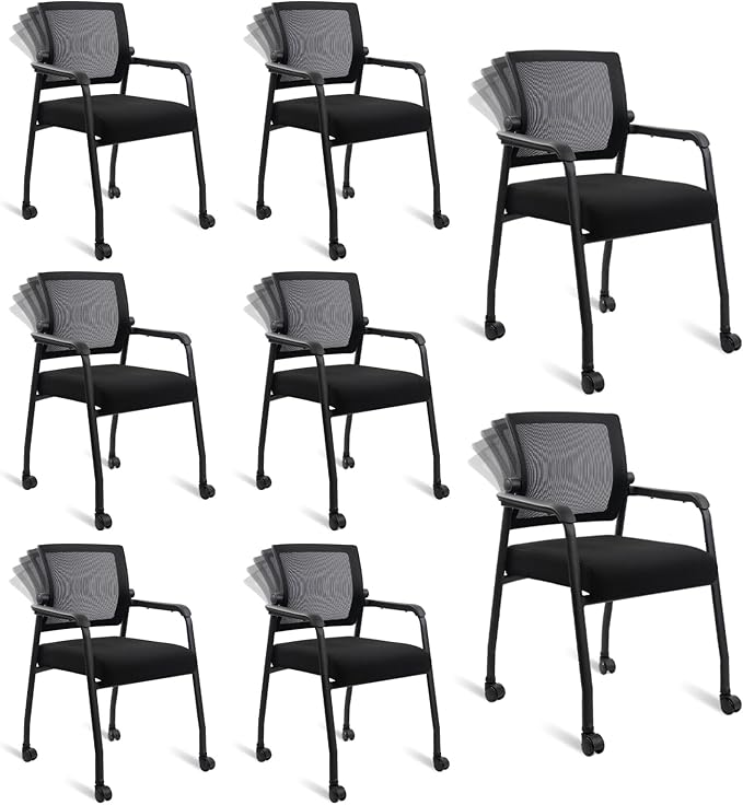 Waiting Room Chairs with Wheels, Adjustable Mesh Backrest, Desk Chair with Ergonomic Lumbar Support and Thickened Seats Cushion, 8 Pack Black-DeskLoop Office