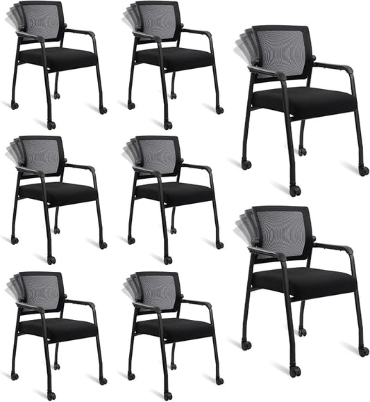 Waiting Room Chairs with Wheels, Adjustable Mesh Backrest, Desk Chair with Ergonomic Lumbar Support and Thickened Seats Cushion, 8 Pack Black-DeskLoop Office