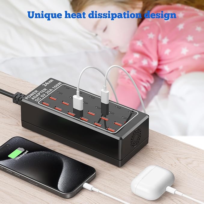 USB C Charging Station, USB Charger Station Block, 24-Port 100W (20A) Charging Block, Charging Station for Multiple Devices USB Wall Charger Power Hub,Compatible Samsung S24/iPhone/Google-DeskLoop Office