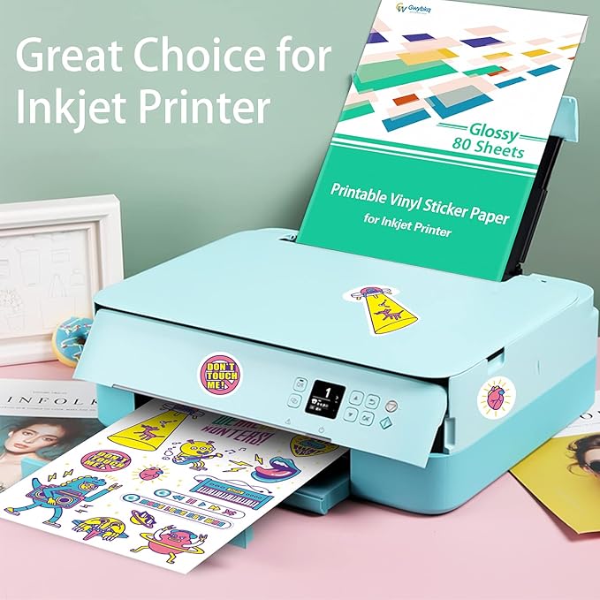 Gwybkq Glossy Sticker Paper Printable Vinyl for Inkjet Printer, 80 Sheets Labels Waterproof Decal Paper-DeskLoop Office