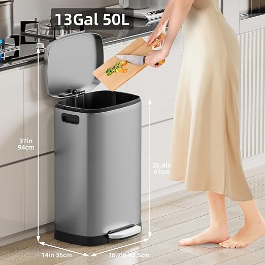 KUK 13 Gallon/50L Stainless Steel Kitchen Trash Can with Lid and Step Pedal-Large Capacity Garbage Bin with Odor Seal, Silent Close Lid, Removable Inner Bucket, Titanium Silver-DeskLoop Office