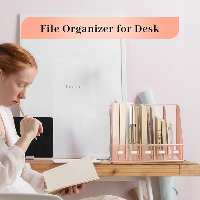 SUPEASY Desk Organizers Metal Desk Magazine File Holder with 5 Vertical Compartments Rack File Organizer for Office Desktop, Home Workspace, Rose Gold-DeskLoop Office