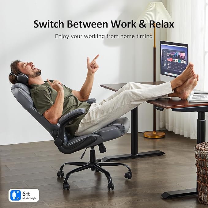 Office Chair, Executive Leather Chair Home Office Desk Chairs, Ergonomic Computer Desk Chair with Adjustable Flip-Up Arms, Lumbar Support Swivel Task Chair with Rocking Function (Gray)-DeskLoop Office