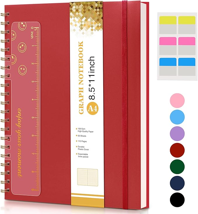 Graph Paper Notebook, Spiral Notebook Journal 8.5” x 11”, A4 Large Grid Notebooks for Women Men, 100 GSM Graph Paper, Plastic Hardcover Spiral Graphing Journals for Work School Engineerin, Red-DeskLoop Office