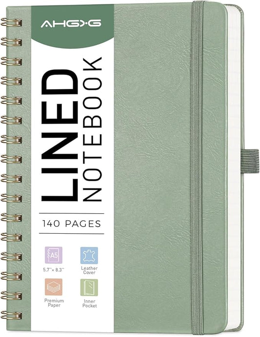 AHGXG Lined Spiral Journal Small Notebook for Women, Notebook College Ruled A5 5.7" X 8.3", 140 Numbered Pages, Hardcover Leather, Meeting Notebook for Work, School Office Supplies, Sage Green-DeskLoop Office
