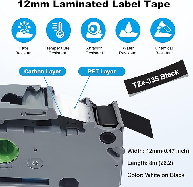 RAEMALL Replacement for Brother TZe-335 TZ-335 Laminated P Touch Label Tape 12mm 0.47 Inch White on Black Label Maker Tape for Brother PT-D210 H110 D220 D410, 5 Pack-DeskLoop Office