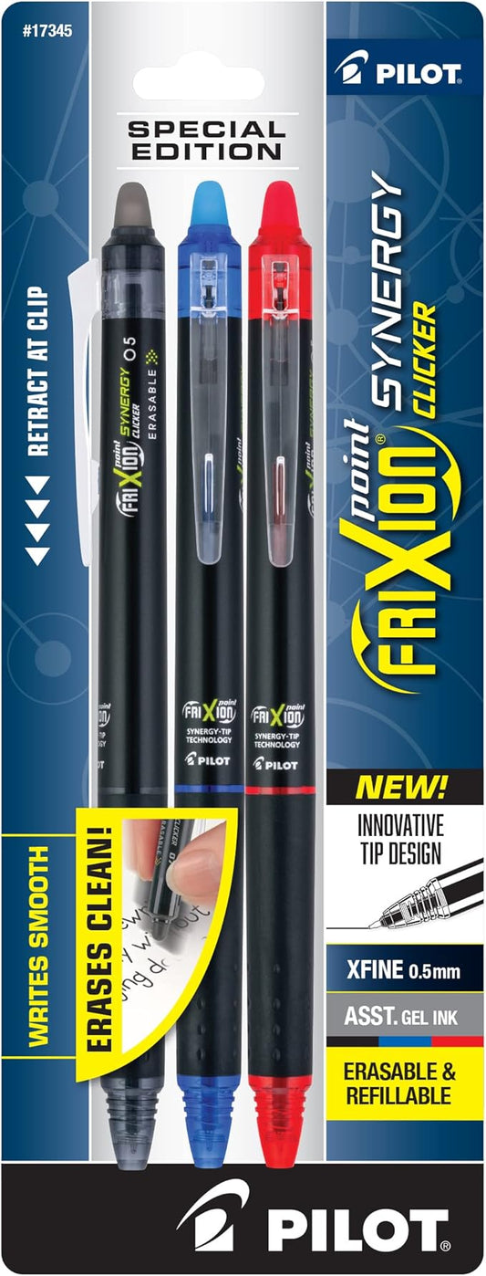 Pilot, FriXion Synergy Clicker Erasable, Refillable, Retractable Gel Ink Pens, Extra Fine Point 0.5 mm, Pack of 3, Black, Blue & Red-DeskLoop Office